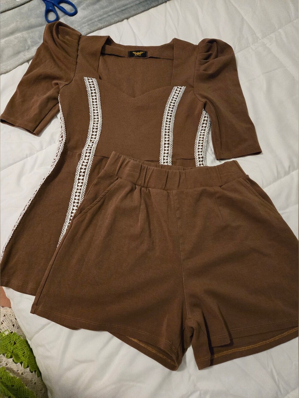 Brown Short Set with White Lace Trim